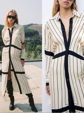 Zara Medium Striped Long Button-Front Dress in Cream and Black